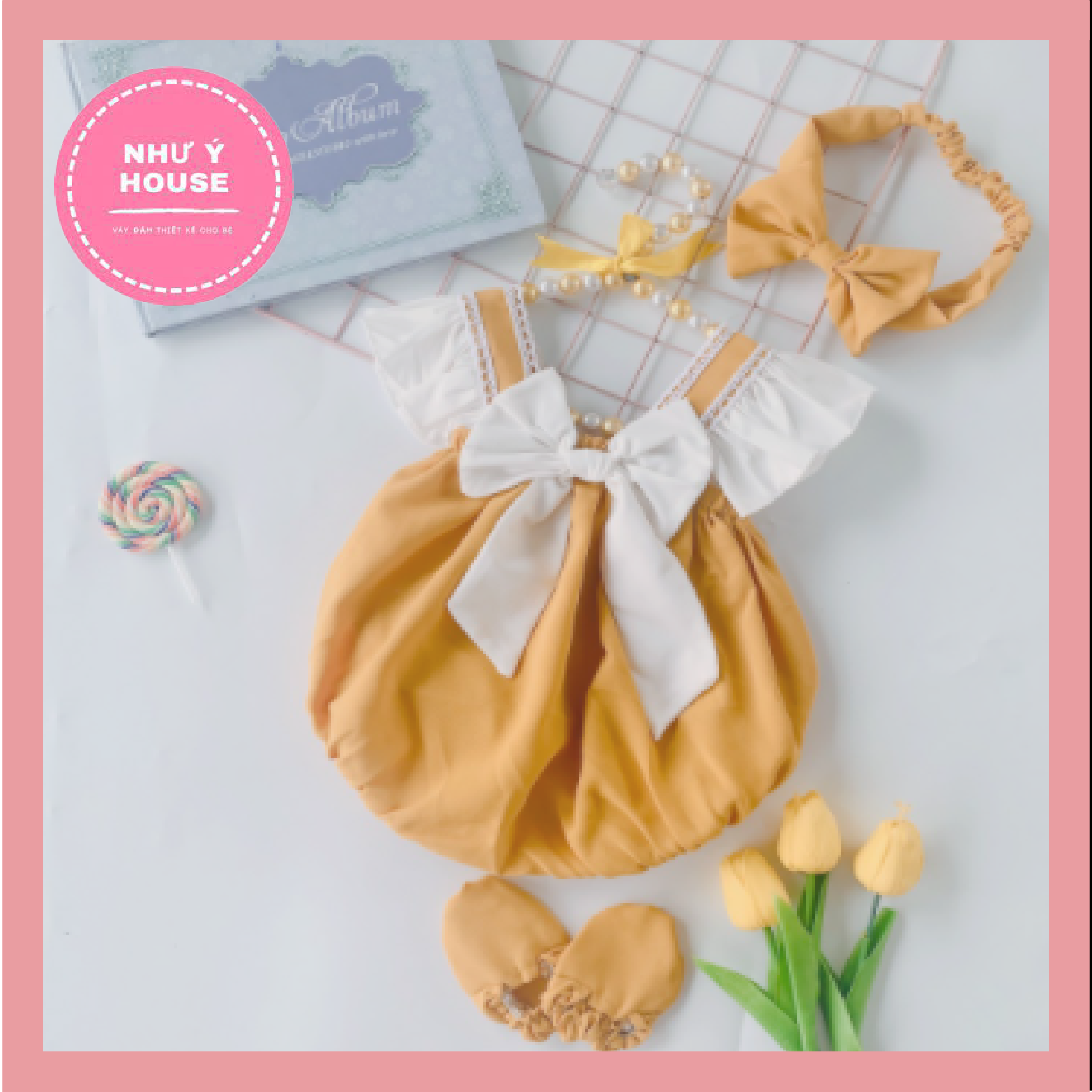 Bodysuit bé gái sơ sinh 🍒 [𝑻𝑨̣̆𝑵𝑮 𝑲𝑬̀𝑴 𝑻𝑼𝑹𝑩𝑨𝑵  + FREESHIP MAX] 🍒Như Ý House- Body cho bé màu vàng 2 dây kẹp ren