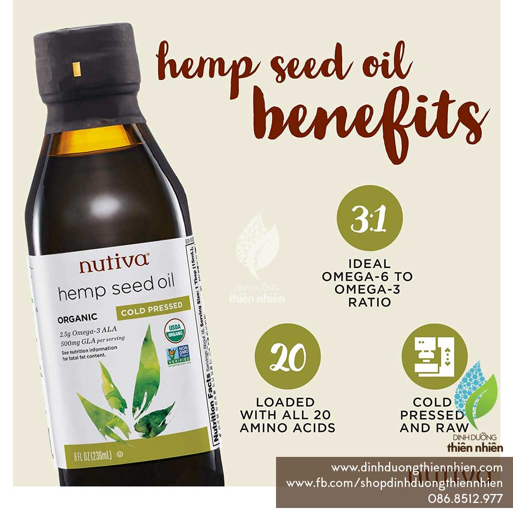 Dầu Hạt Gai Dầu Hữu Cơ Nguyên Chất Ép Lạnh Nutiva Organic Hemp Seed Oil. 237ml