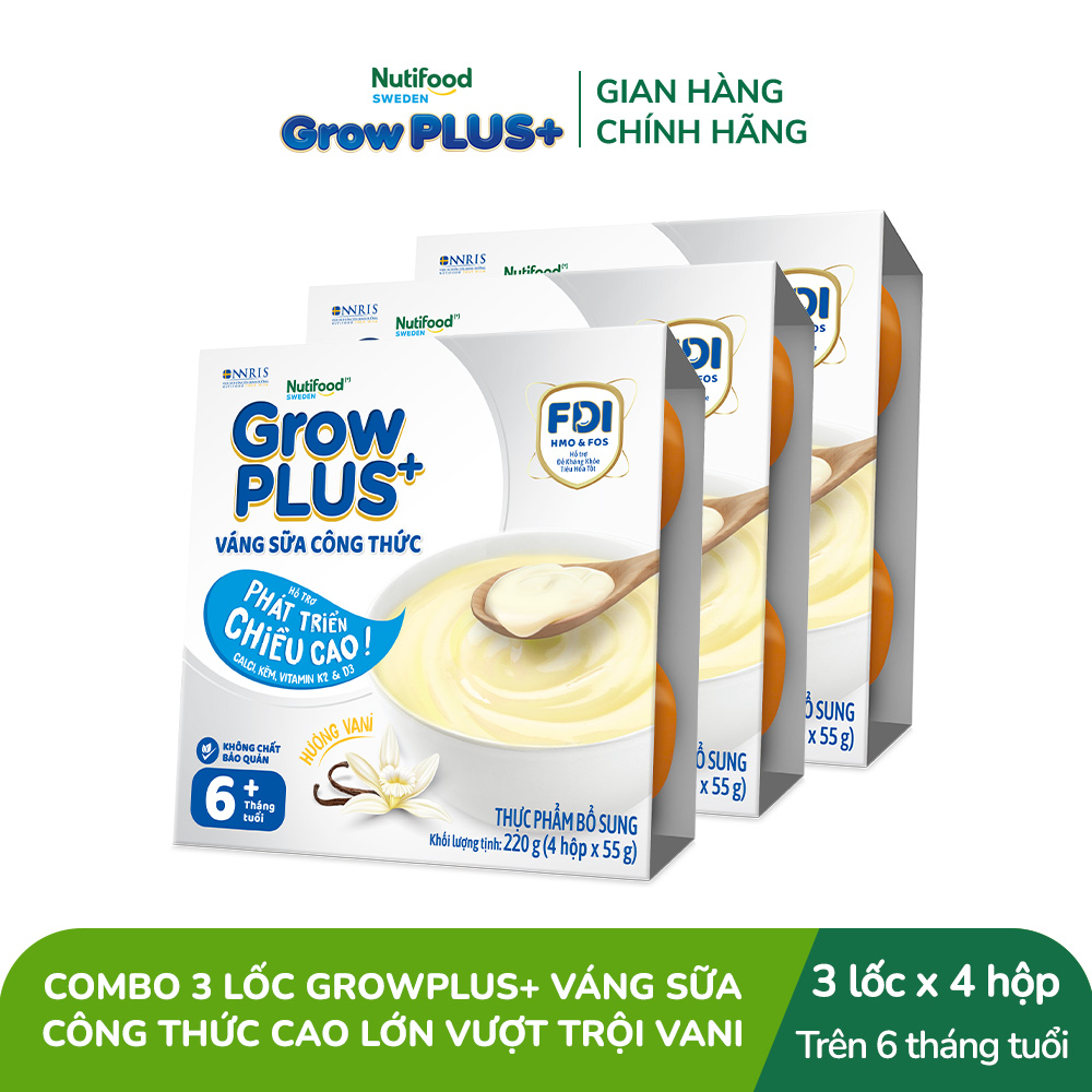 Combo 3 lốc GrowPLUS+ Váng sữa công thức - Hỗ trợ phát triển chiều cao hương Vani & vị Socola (55g x 12 hộp)