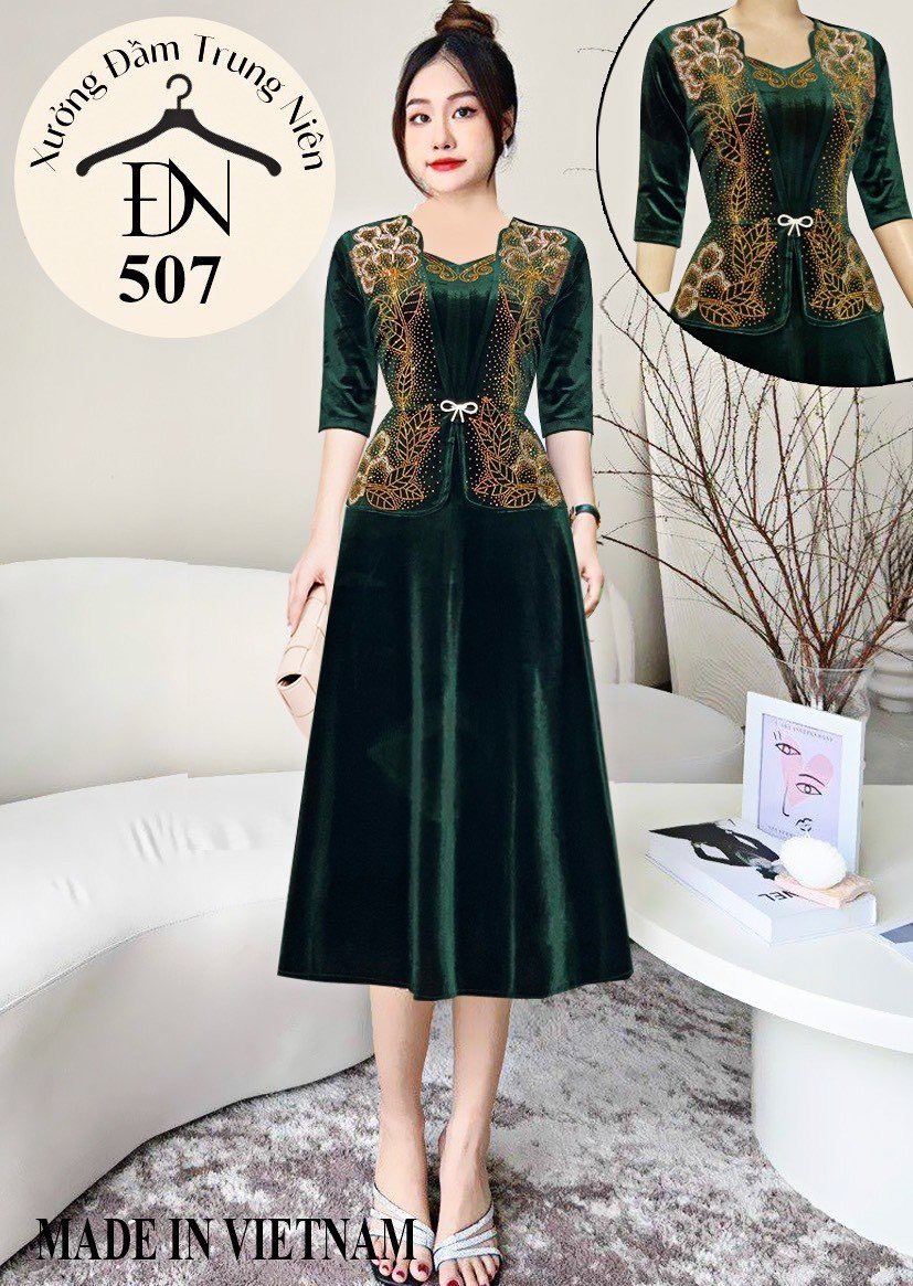 Đầm dạ hội trung niên dự tiệc sang trọng vải nhũ kim sa tặng mẹ co giãn bigsize 80kg DN24