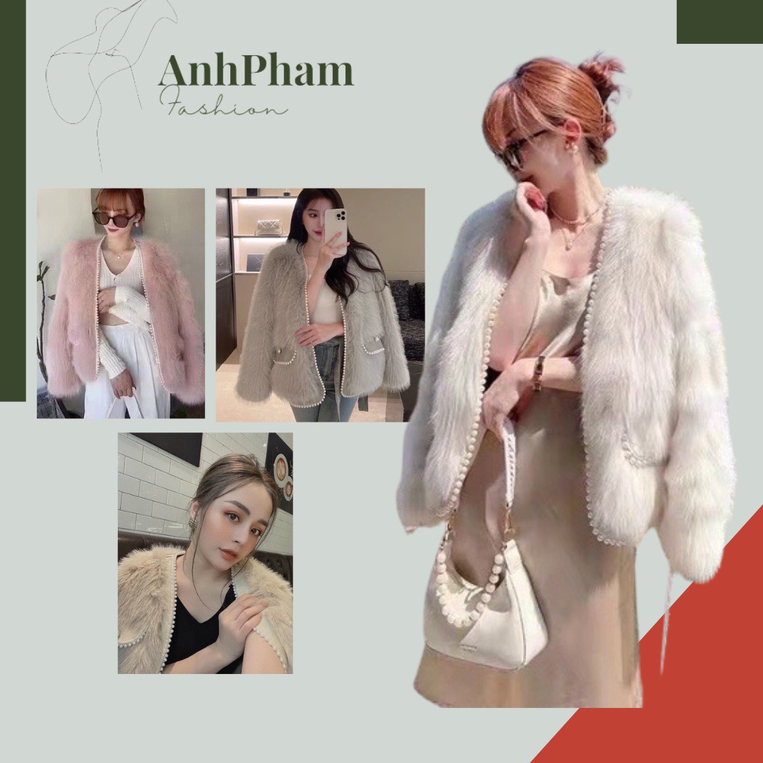 Áo khoác lông đính viền ngọc hàng đẹp QCCC