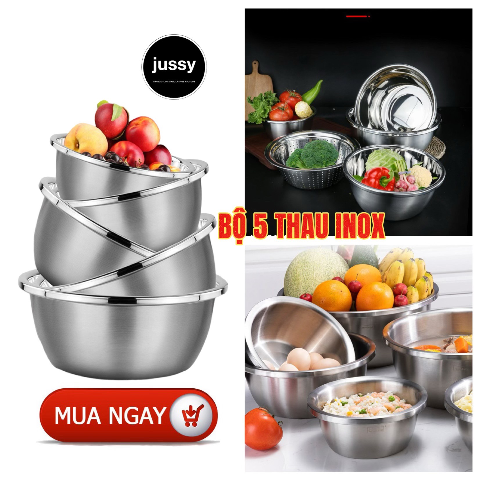 [Hàng Nội Địa Nhật] Bộ Thau Inox 5 Món Dùng Rửa Rau Củ Quả, Thau Trộn Salad Dày Dặn Siêu Tiện Dụng Cho Nhà Bếp Size Từ 14-24cm