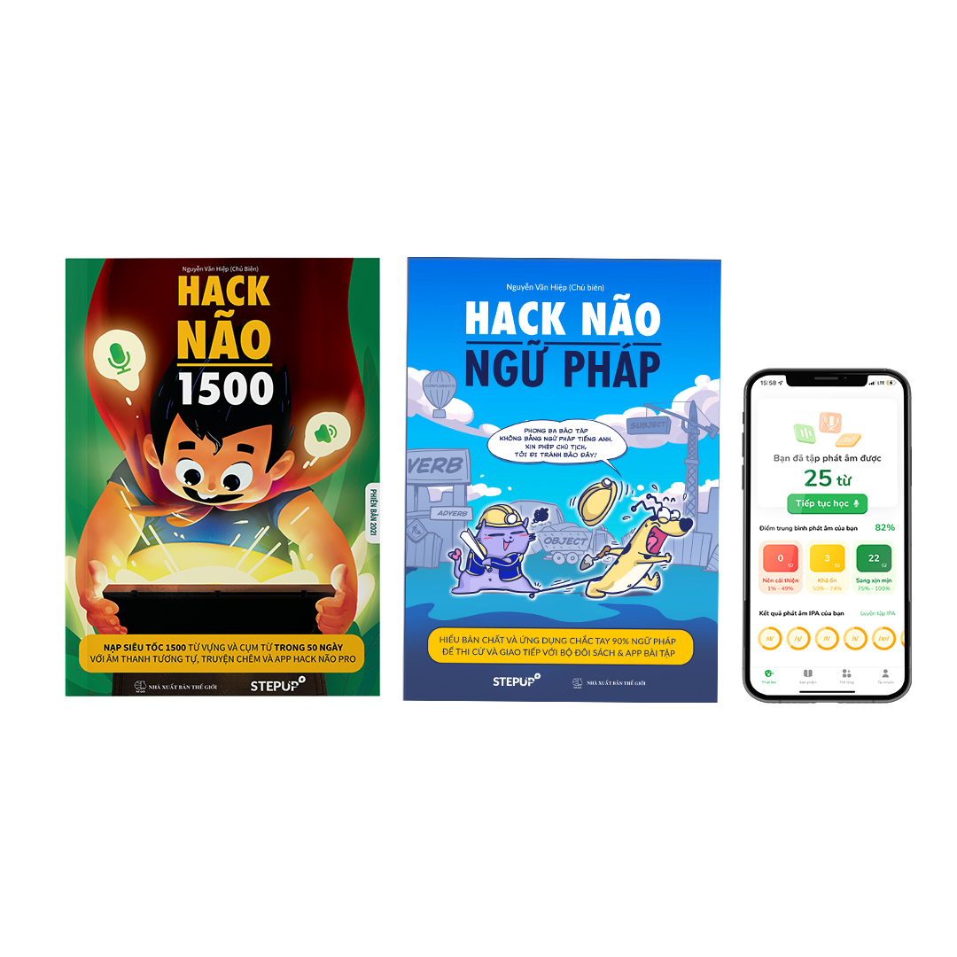 Combo 2 sách Hack Não 1500 + Hack Não Ngữ Pháp - Tặng App Hack