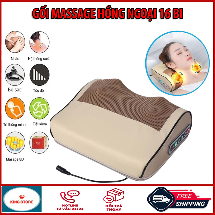 Gối massage hồng ngoại 16 bi, máy massage cổ vai gáy 3 cấp độ massage, máy massage cầm tay giúp giảm đau nhức mỏi, gối mát xa cổ vai gáy, đệm massage cổ vai gáy, gối massage cổ đa năng