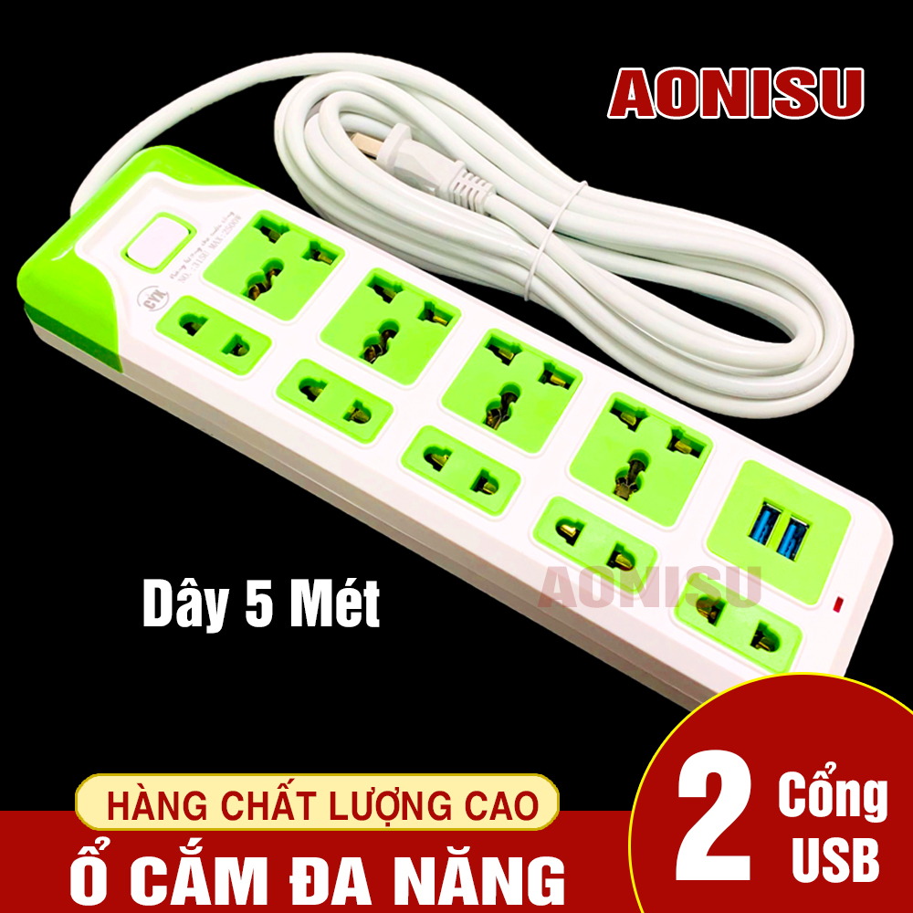 Ổ Điện Đa Năng CYX 315U Chống Giật 9 Phích, 2 Cổng USB, Dây 5 Mét - Ổ Điện Thông Minh, Phích Cắm Điện, Ổ Điện Gắn Tường AONISU