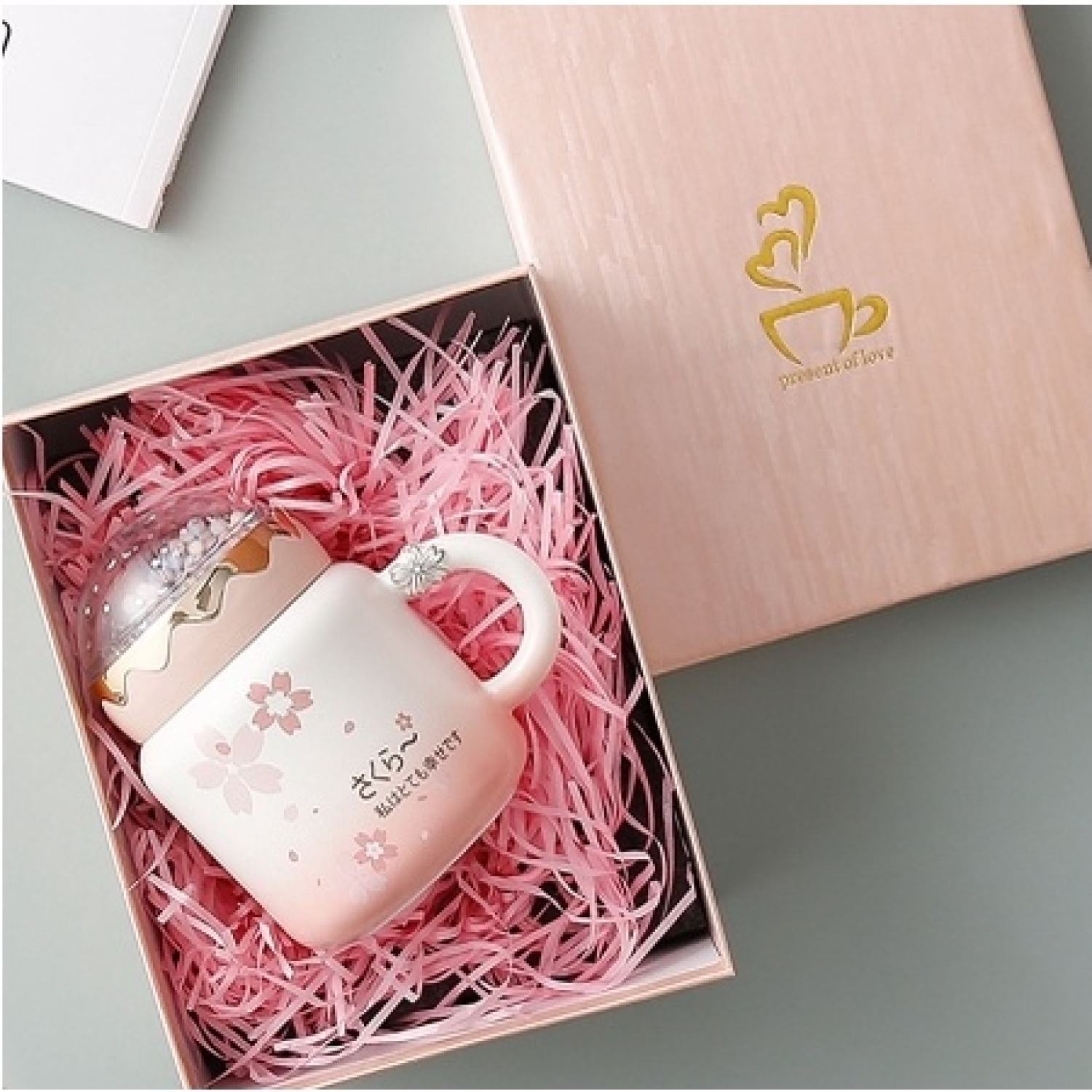 Cốc sứ dễ thương, Ly sứ dễ thương, Cốc ly quà tặng , Quà lưu niệm, hoa anh đào Nhật Bản, kèm nắp quả cầu tuyết 450ml
