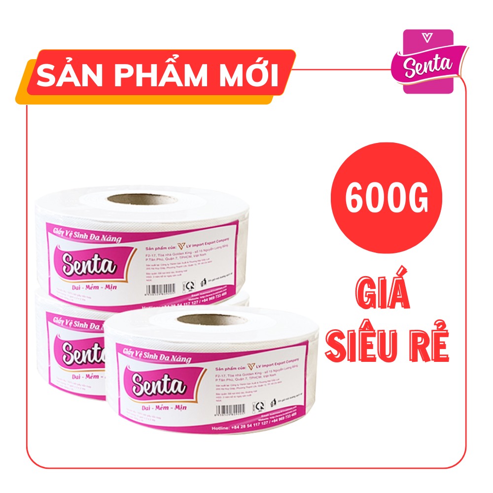 [COMBO 3] Giấy vệ sinh cuộn lớn 2 lớp SENTA 600G, Giấy vệ sinh công nghiệp cuộn lớn siêu tiết kiệm