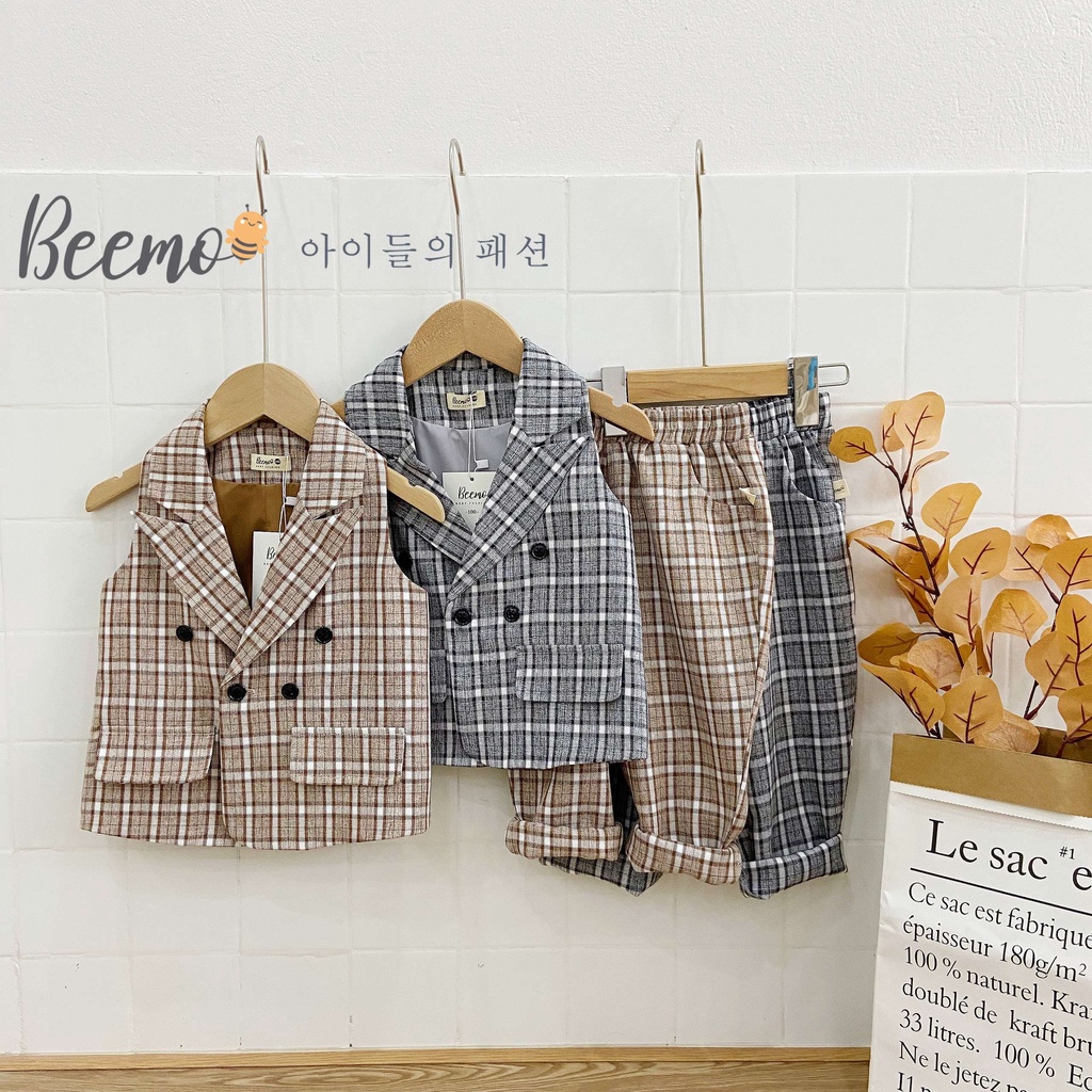 Bộ quần áo gile bé trai cổ vest beemo - 20b114