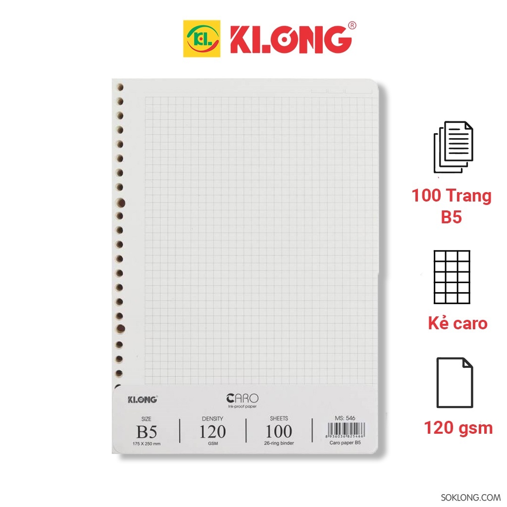 Giấy refill ruột sổ còng nhựa binder b5 klong – tập 100 tờ caro, kẻ ngang 120gsm ms 546, 548