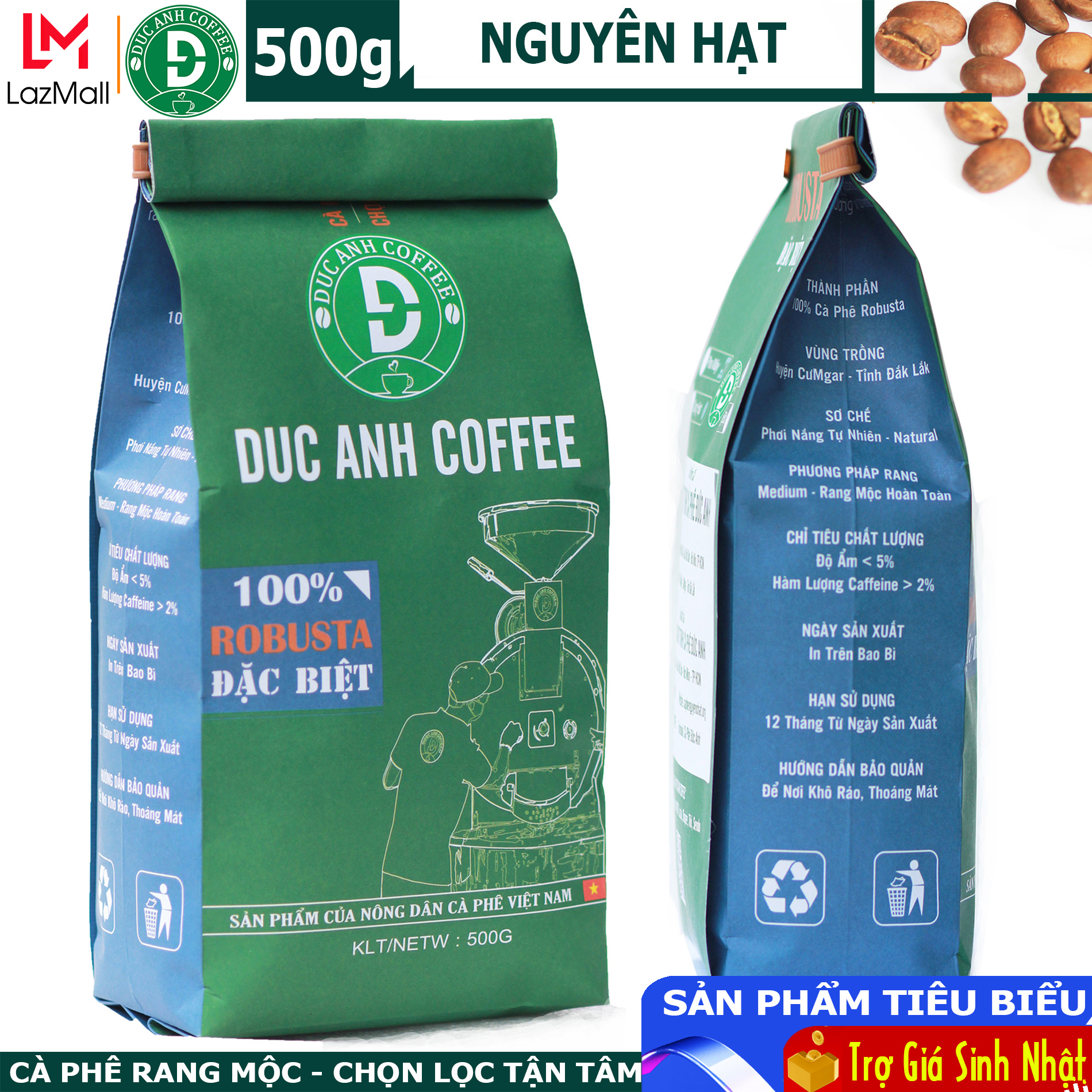 Cà phê hạt đặc biệt 100% Robusta đậm vị, mạnh, hậu ngọt - gói 500g - DUC ANH COFFEE, đặc tính đậm, đắng, hơi chát, thơm nhẹ, cafein cao nên giúp bạn luôn tỉnh táo - cafe hạt rang mộc