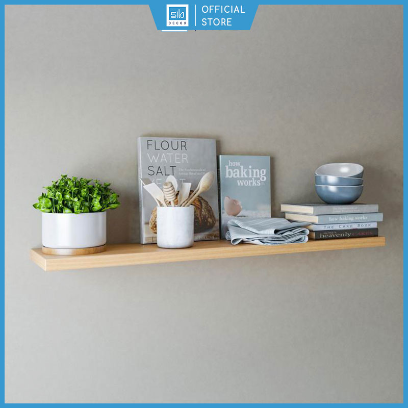 Kệ thanh ngang treo tường kết cấu giấu chân sib decor, màu vân gỗ sồi, kèm phụ kiện