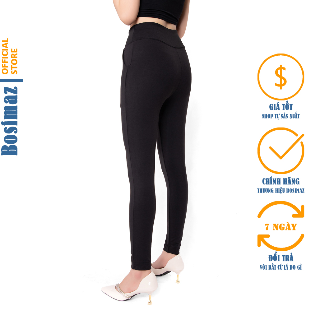 Quần Legging Nữ Bosimaz MS111 dài túi trước màu đen cao cấp thun co giãn 4 chiều vải đẹp dày thoáng mát không xù lông.