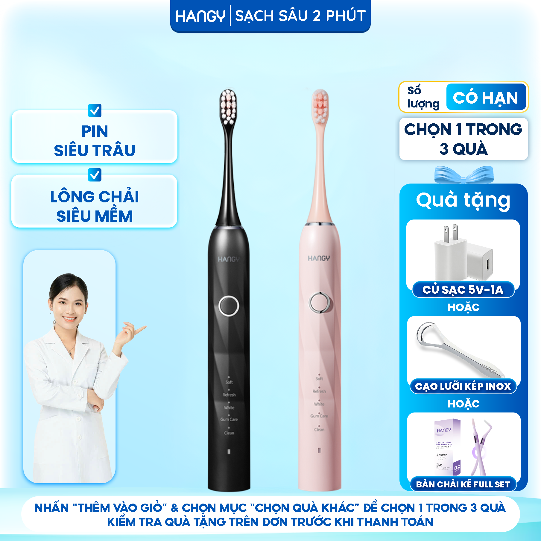   COMBO 2 TIẾT KIỆM  Bàn chải điện HANGY HY23PRO Nâng Cấp siêu sóng âm làm trắng răng giảm mảng bám  Bảo hành 2 năm   Tặng 4 đầu bàn chải  