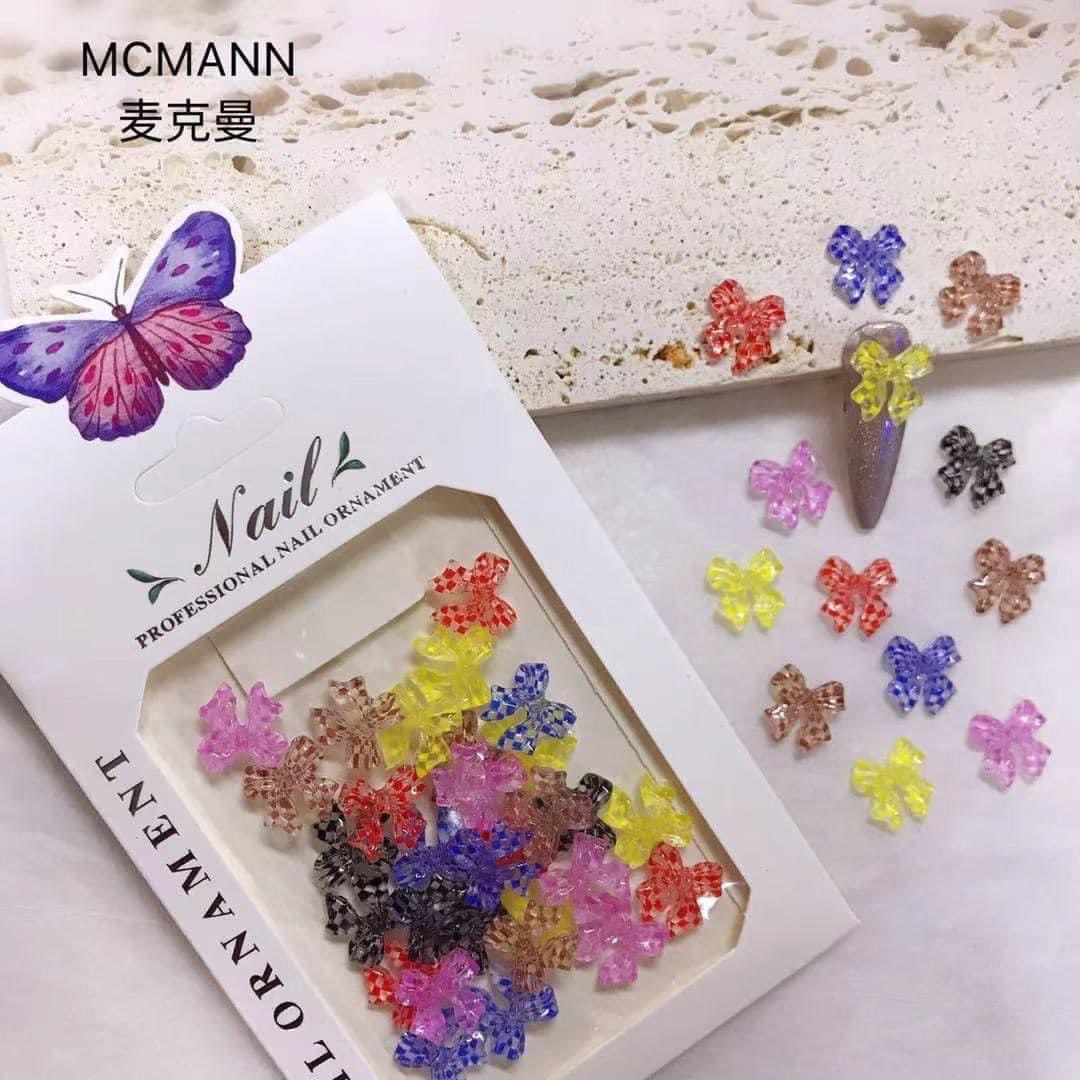 Set nơ dài caro nhiều màu trang trí móng, trang trí nail