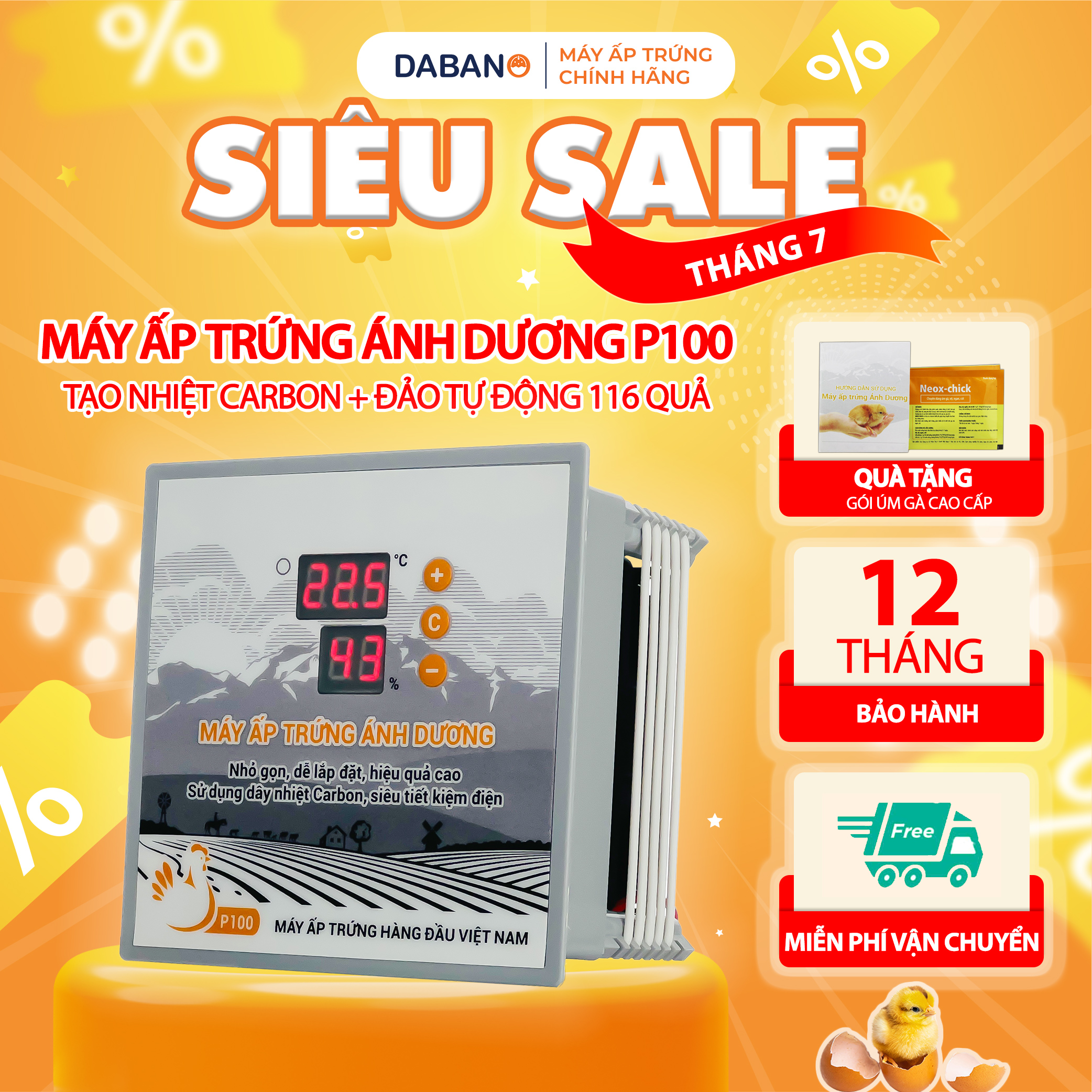 Máy ấp trứng Ánh Dương P100 tạo nhiệt Carbon ấp 10 đến 100 quả nở đạt 95% - Máy ấp đảo tay, lắp thùng xốp