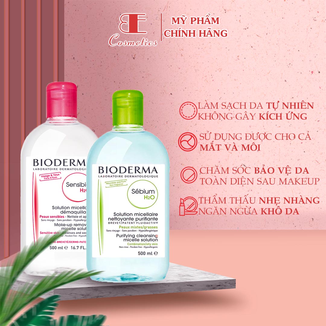 Nước tẩy trang Bioderma, nước tẩy trang cho da dầu mụn dung tích 500ml, Bioderma Sensibio H2O 500ml, Bioderma Sébium H2O 500ml , Ebi Cosmetics