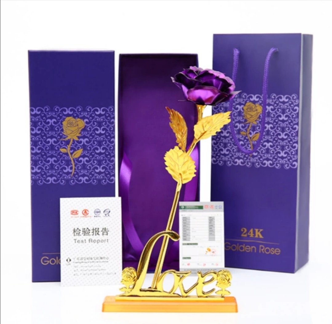Quà valentine 2021, quà tặng sinh nhật vợ ý nghĩa - hoa hồng mạ vàng 24k màu tím đế chữ love có đèn led phát sáng