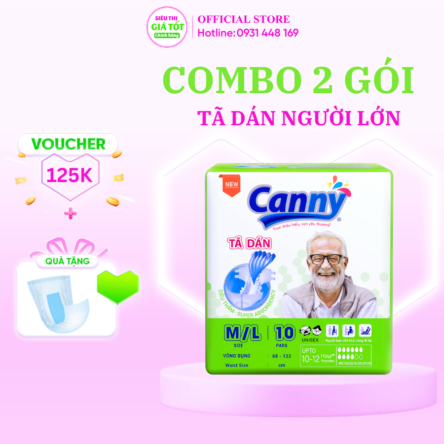 Bộ 2 gói Tã dán người lớn CANNY Siêu Thấm , Bỉm dán size ML 10 miếng, Siêu Thị Giá Tốt