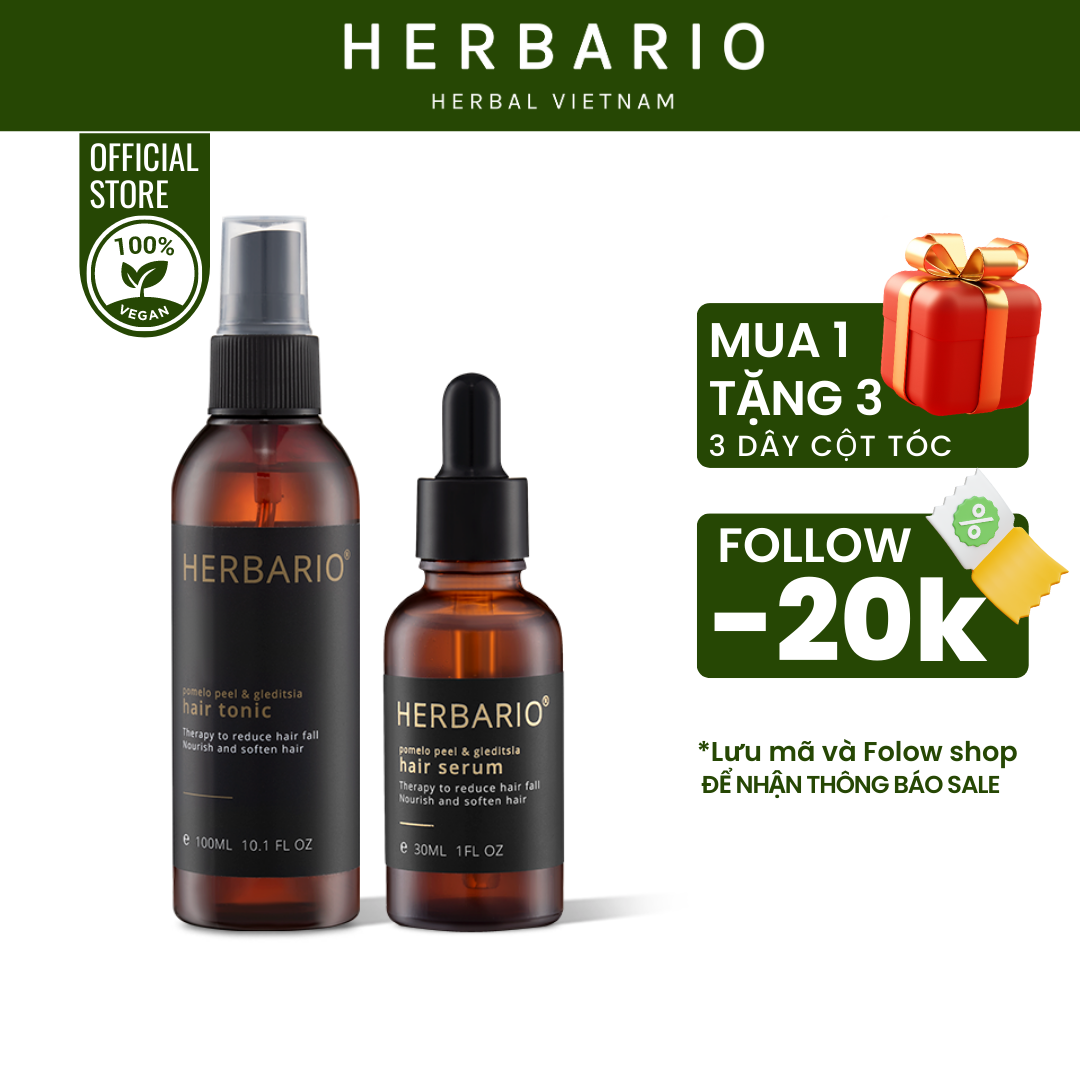 Liệu trình dưỡng tóc nước dưỡng tóc tinh dầu bưởi 100ml, serum dưỡng tóc tinh dầu bưởi bồ kết Herbario 30ml giúp tóc chắc khoẻ hết gãy rụng
