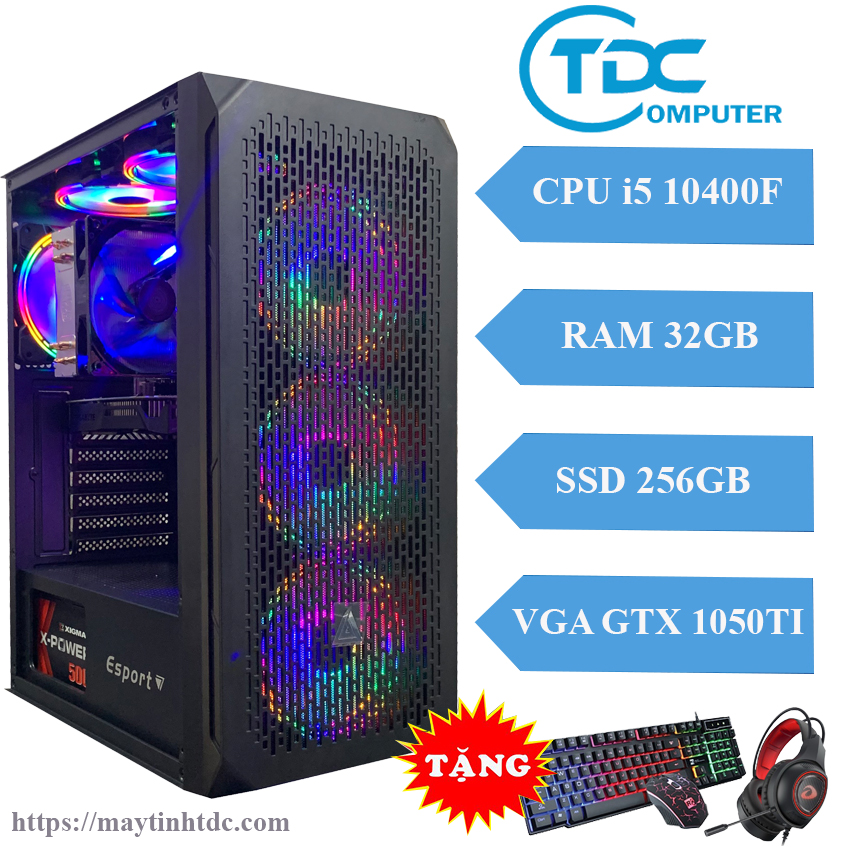 Máy tính chơi game pc gaming cấu hình khủng cpu core i5 10400f, ram 32gb,ssd 256gb, card 1050ti,tặng bộ phím chuột,tai nghe chơi game