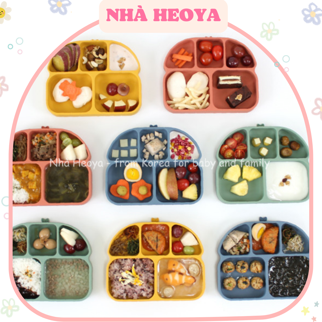 Set khay ăn dặm kèm nắp kiêm dĩa đựng silicon đế hít hongspapa hàn quốc