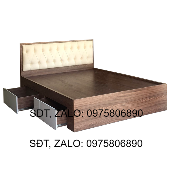 Giường Ngủ Gỗ Mdf Phủ Melamine Bọc Nệm Có Ngăn Kéo Màu Óc Chó + Trắng .