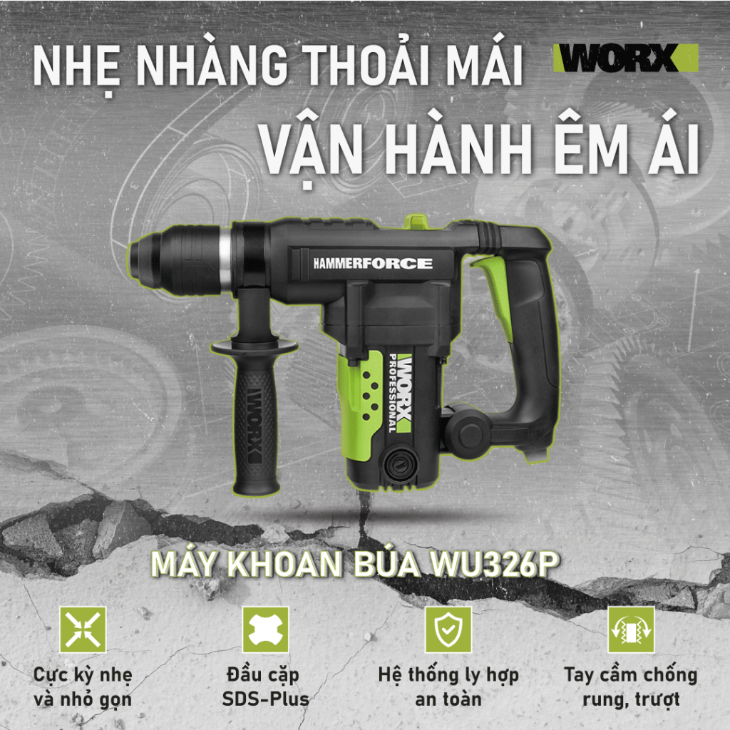 Máy khoan búa 1010w 26mm wu326p - worx green