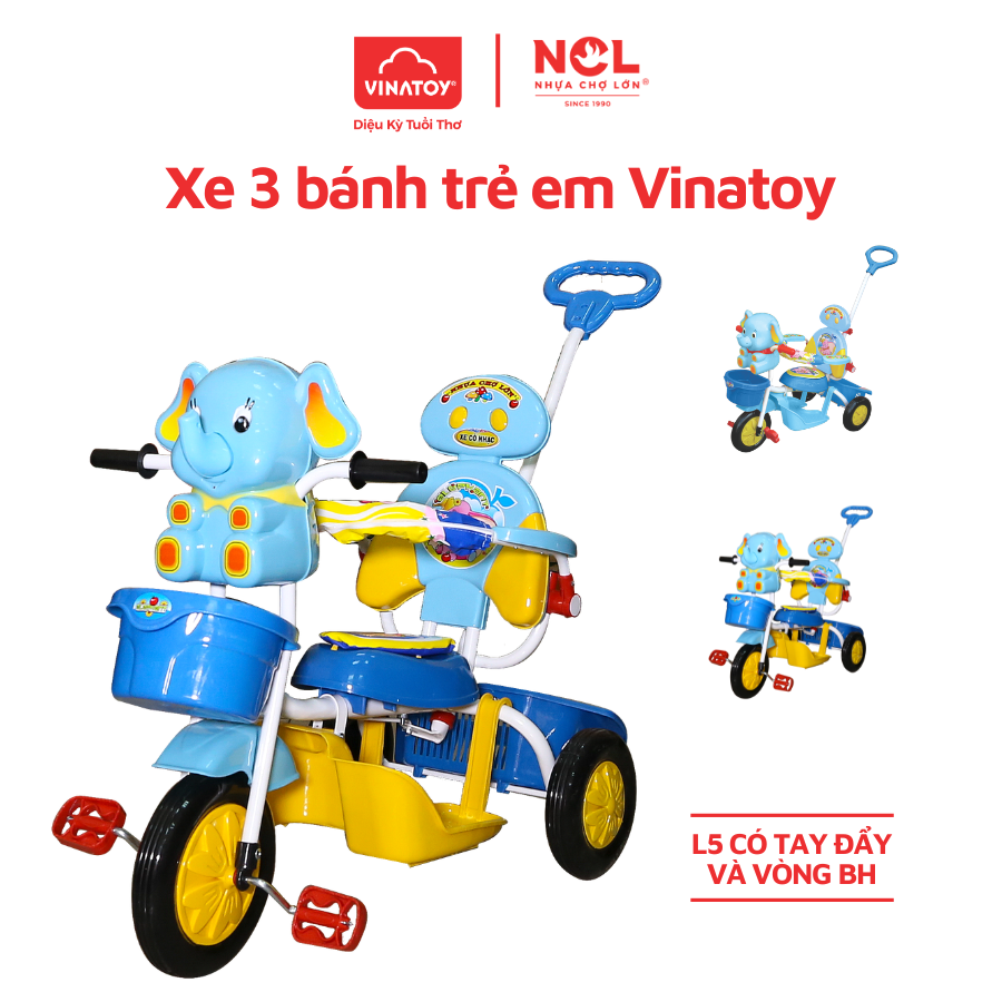 Xe 3 Bánh L5 Con Voi Có Tay Đẩy Khiển NHỰA CHỢ LỚN An Toàn Cho Bé