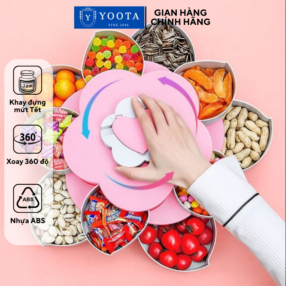 Khay đựng mứt tết bánh kẹo hoa quả 2 tầng 10 cánh xoay 360 độ, có kèm khe giá đỡ điện thoại thông minh- Song Anh