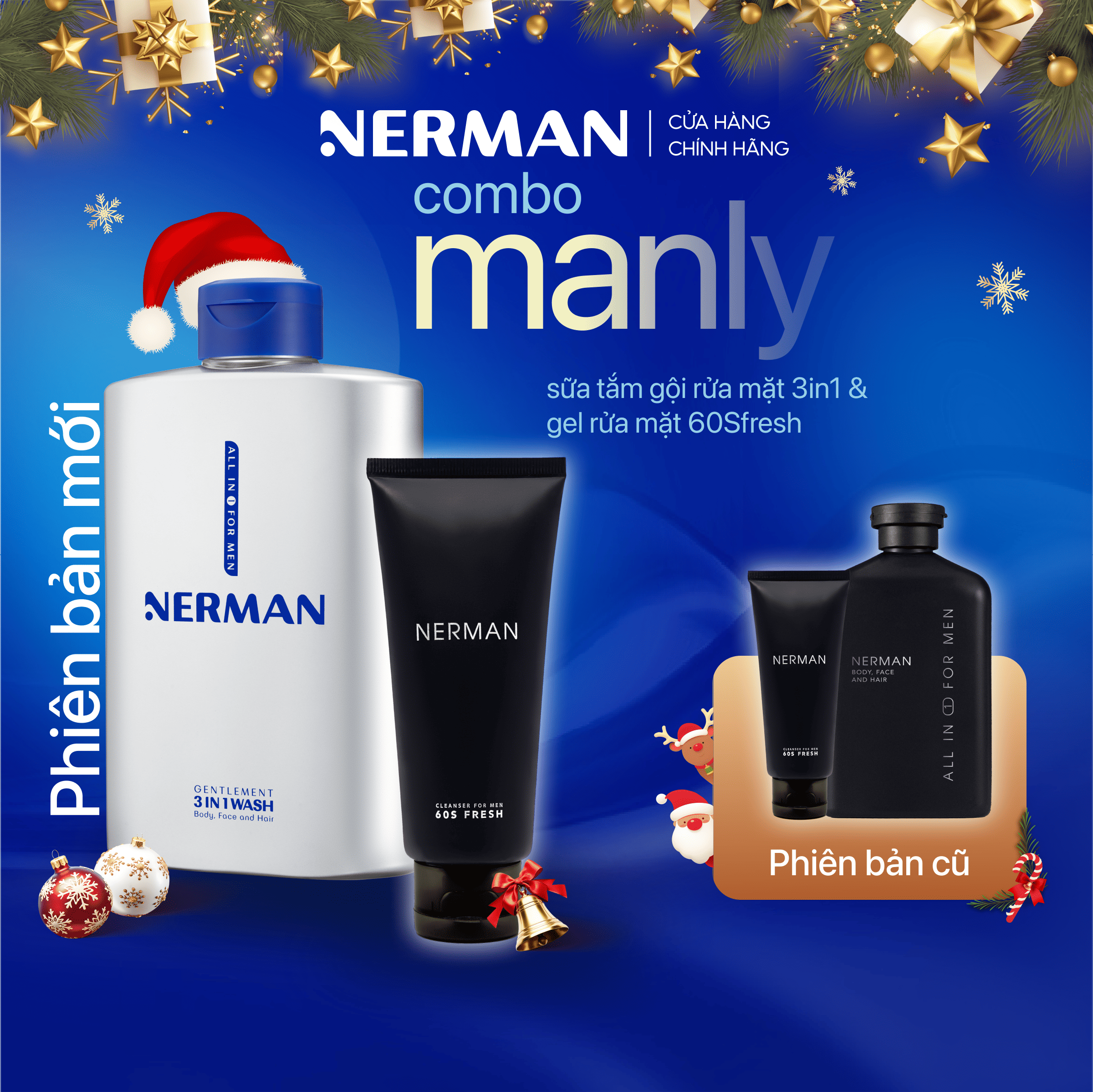 Combo Manly Nerman - Sữa Tắm Gội Gentleman 3-In-1 Hương Nước Hoa Cao Cấp 350ml & Gel Rửa Mặt Ngừa Mụn Nano Curcumin 100ml