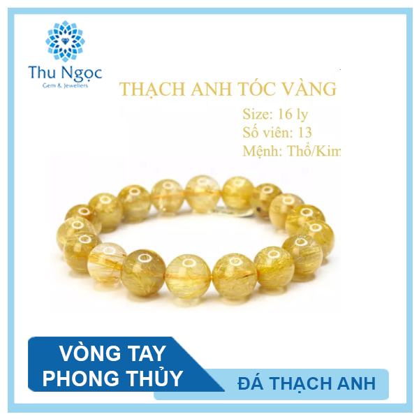 Vòng tay phong thủy đá thạch anh tóc vàng 16 ly đá tự nhiên có kiểm định chất lượng hợp mệnh thổ mệnh kim