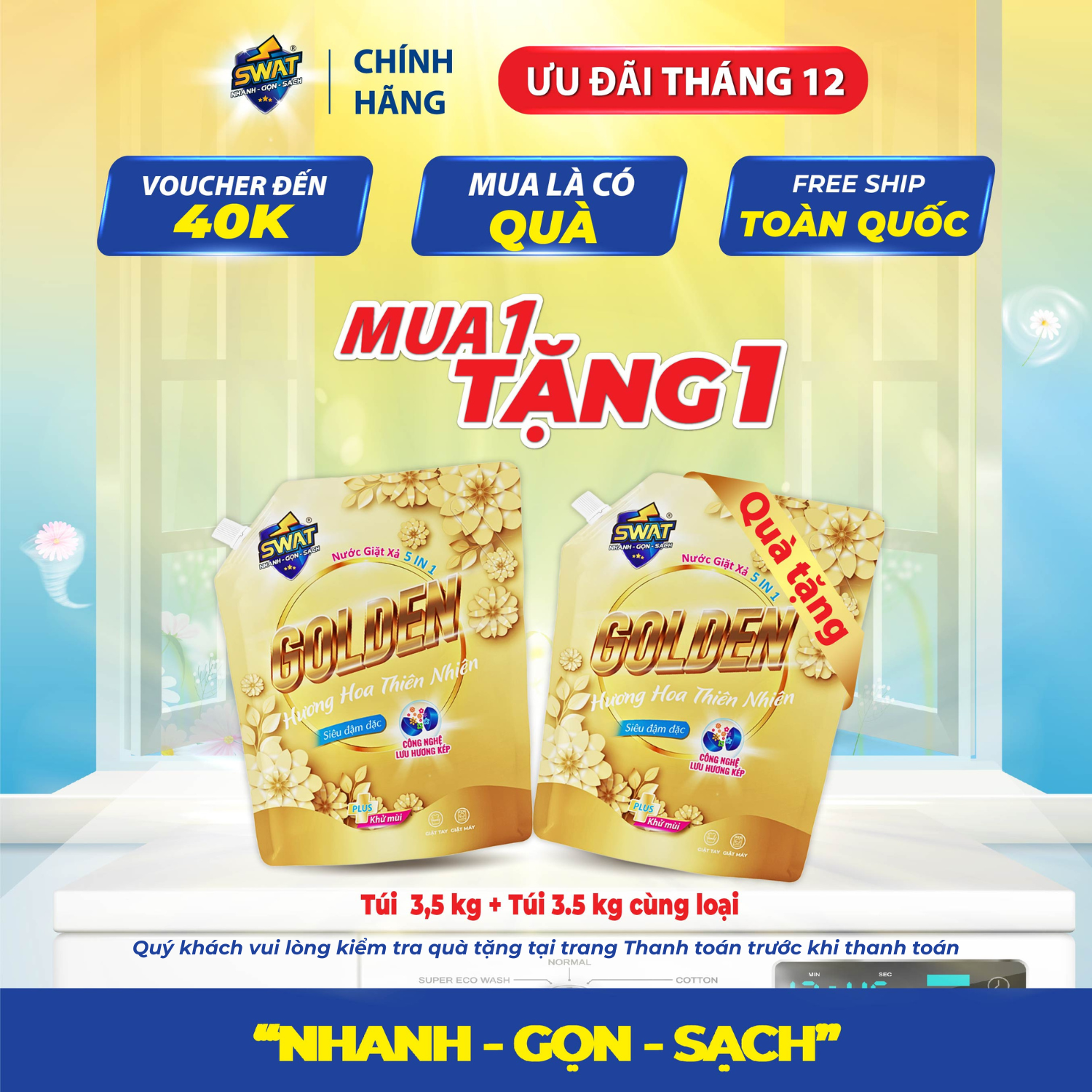   MUA 1 TẶNG 1  Nước giặt xả SWAT 5in1 Hương nước hoa Golden 3,5kg túi 
