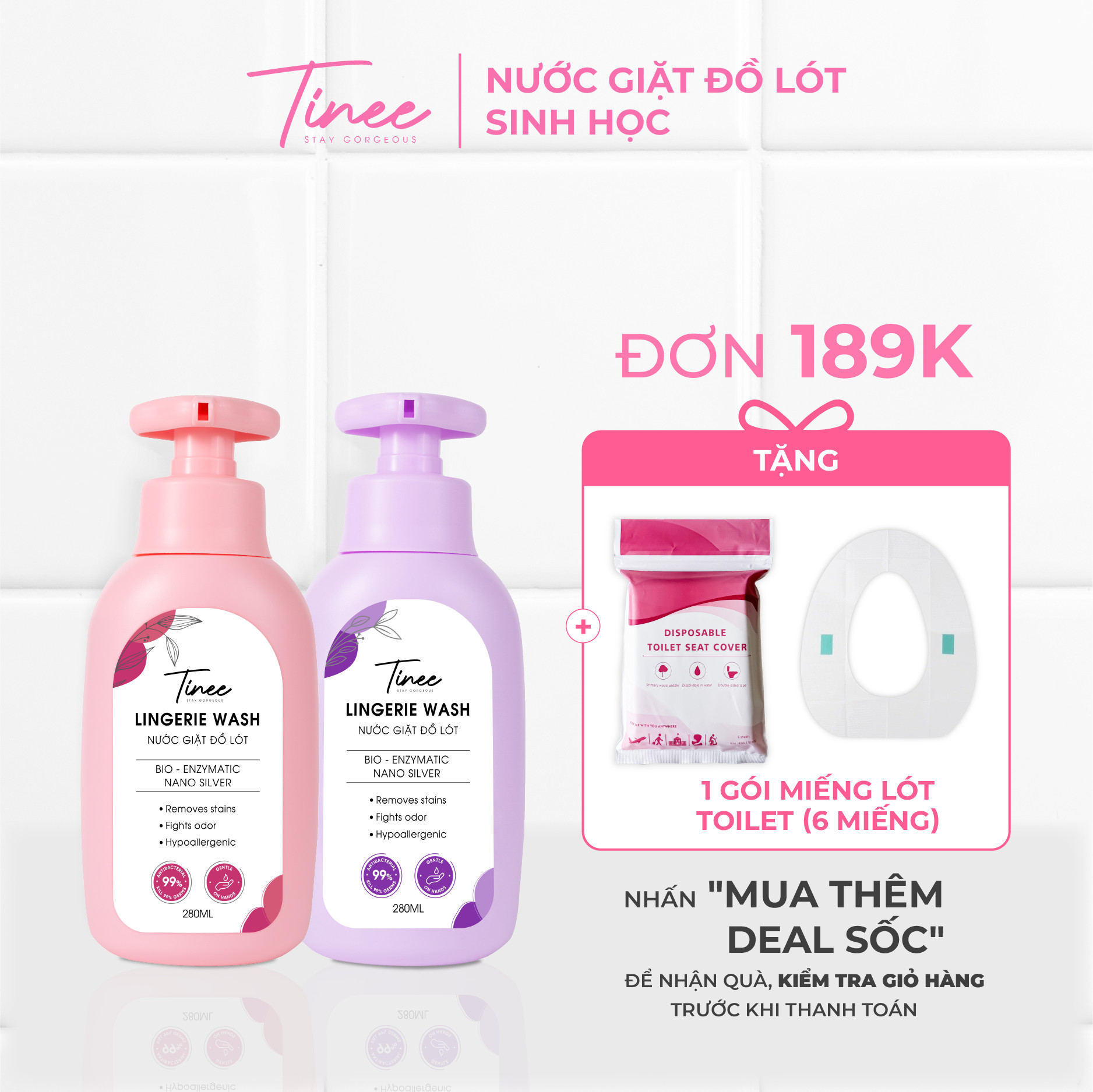 Combo 1 nước giặt đồ lót Tinee Hồng và 1 nước giặt đồ lót Tím 280ml/chai
