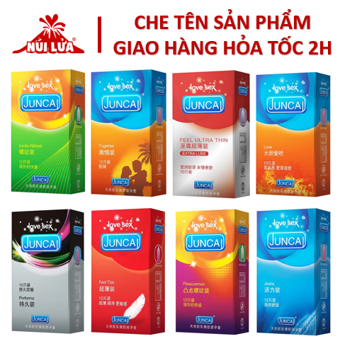Combo 8 hộp Bao cao su Juncai Pleasuremax Gân gai, Performa Kéo dài thời gian, Fertherlite Siêu mỏng, Jeans ôm sát