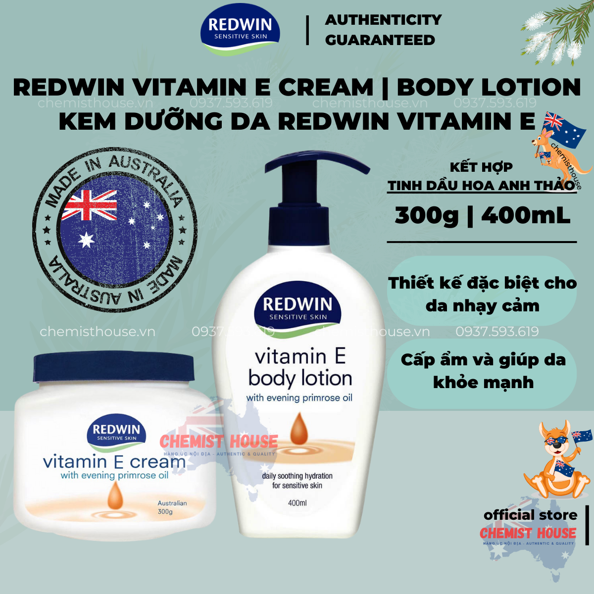 [Hàng Chuẩn ÚC] Kem dưỡng da mềm mịn Redwin Vitamin E 400ML