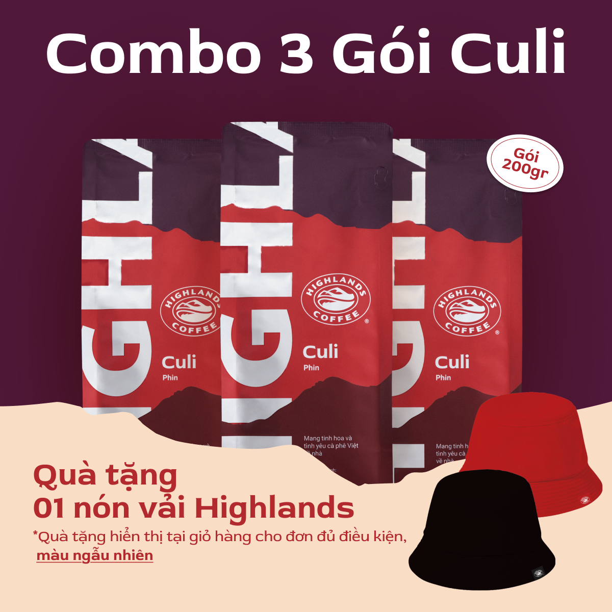   DEAL HỜI ĐÓN NOEL. Tặng 01 nón bucket Highlands  Combo 3 Cà phê rang xay Culi Highlands Coffee 200g 