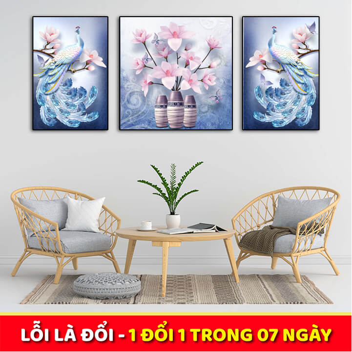 Tranh treo tường canvas chim chông & hoa hiện đại in trên canvas có khung trang trí phòng ngủ