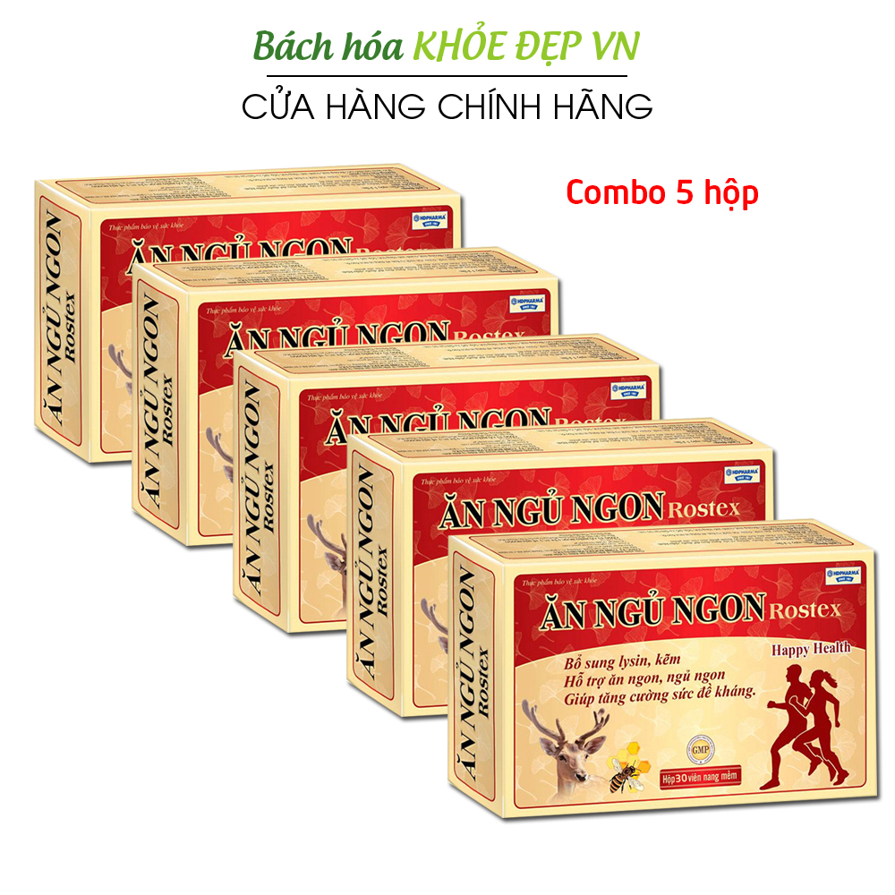 Combo 5 hộp Viên ăn ngủ ngon Rostex loại bỏ mất ngủ, căng thẳng, stress, tăng cường sức đề kháng - Hộp 30 viên
