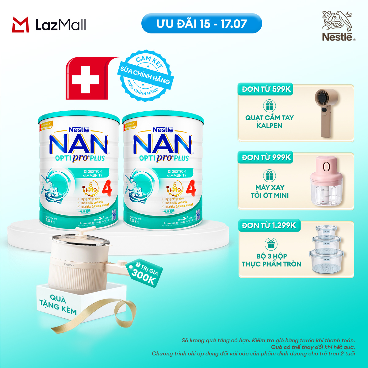 [CHỈ 15-17.07 QT ĐƠN 599K/999K/1299K][Tặng Nồi lẩu điện Gaabor] Bộ 2 lon Sữa Bột Nestlé NAN OPTIPRO PLUS 4 1500g Cho Bé 2 - 6 Tuổi: Công Thức Độc Quyền Nhập Khẩu Từ Thụy Sỹ, Chứa Phức Hợp 5-HMO