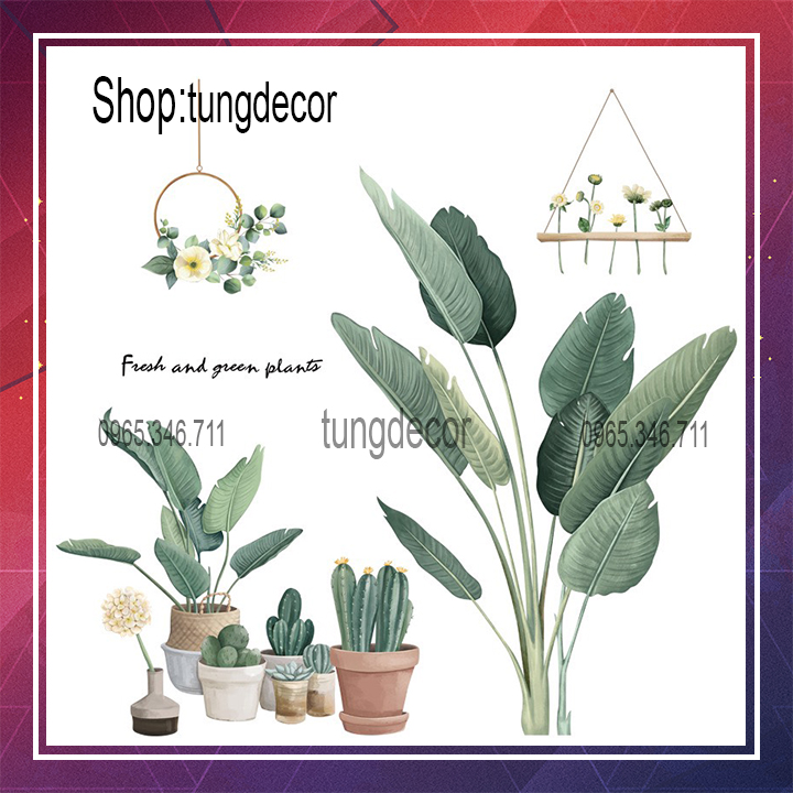 Decal dán tường trang trí phòng sẵn keo-Green Plants QR10- Tranh dán tường phong cách trang trí phòng khách phòng ngủ
