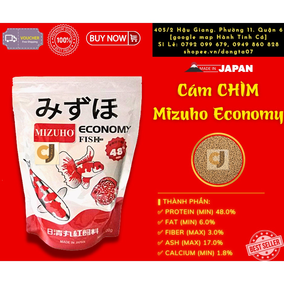 Cám NHẬT MIZUHO ECONOMY FISH FOOD Túi 500g - thức ăn CHÌM cho cá vàng, KHÔNG GÂY ĐỤC NƯỚC