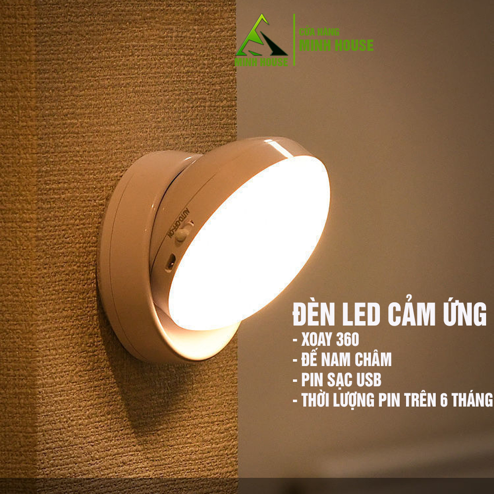 Đèn LED cảm ứng cảm biến không dây xoay 360 sạc USB gắn tường Nam châm Minh House