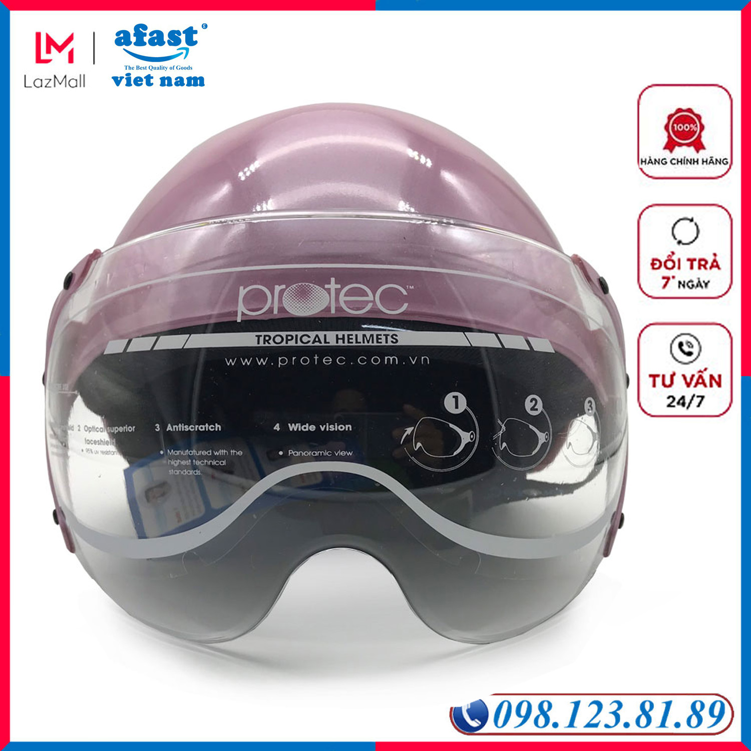 Mũ bảo hiểm 1/2 đầu có kính protec hiway size l màu hồng nhạt trẻ trung, thoáng mát - afast việt nam