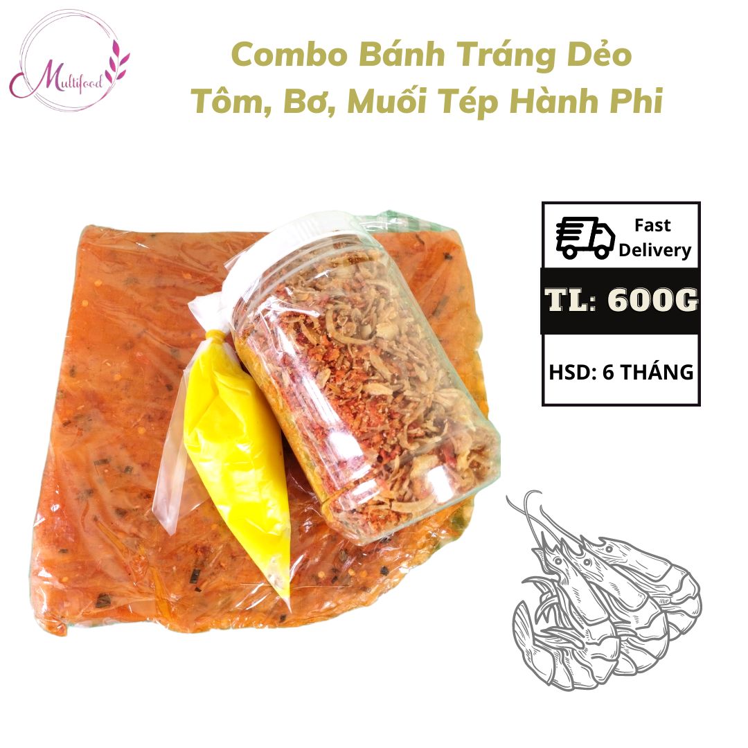 Combo Bánh Tráng Dẻo Tôm, Bơ, Muối Tép Hành Phi 600G MULTIFOOD