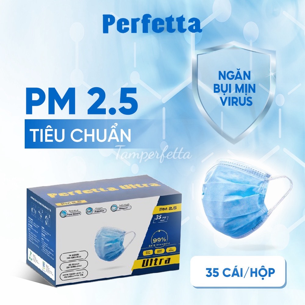 [HCM]Khẩu Trang Y Tế 4 Lớp Cao Cấp Perfetta Ultra PM  2.5 Kháng Khuẩn Ngăn Bụi Mịn -Hộp 35 cái màu xanh
