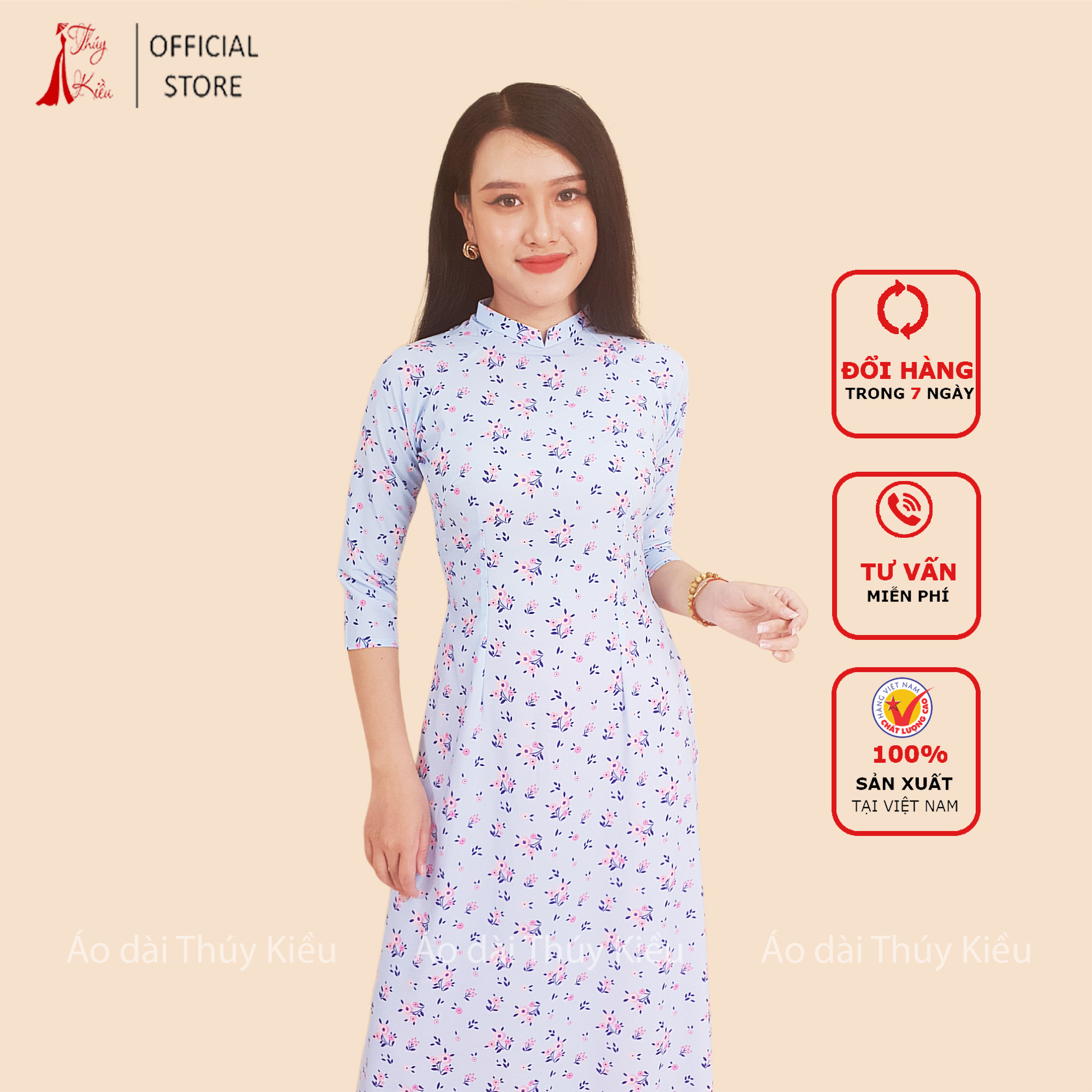 Áo dài in 3D lụa Nhật nền xanh ngọc hoa nhí cổ 2 phân HN03