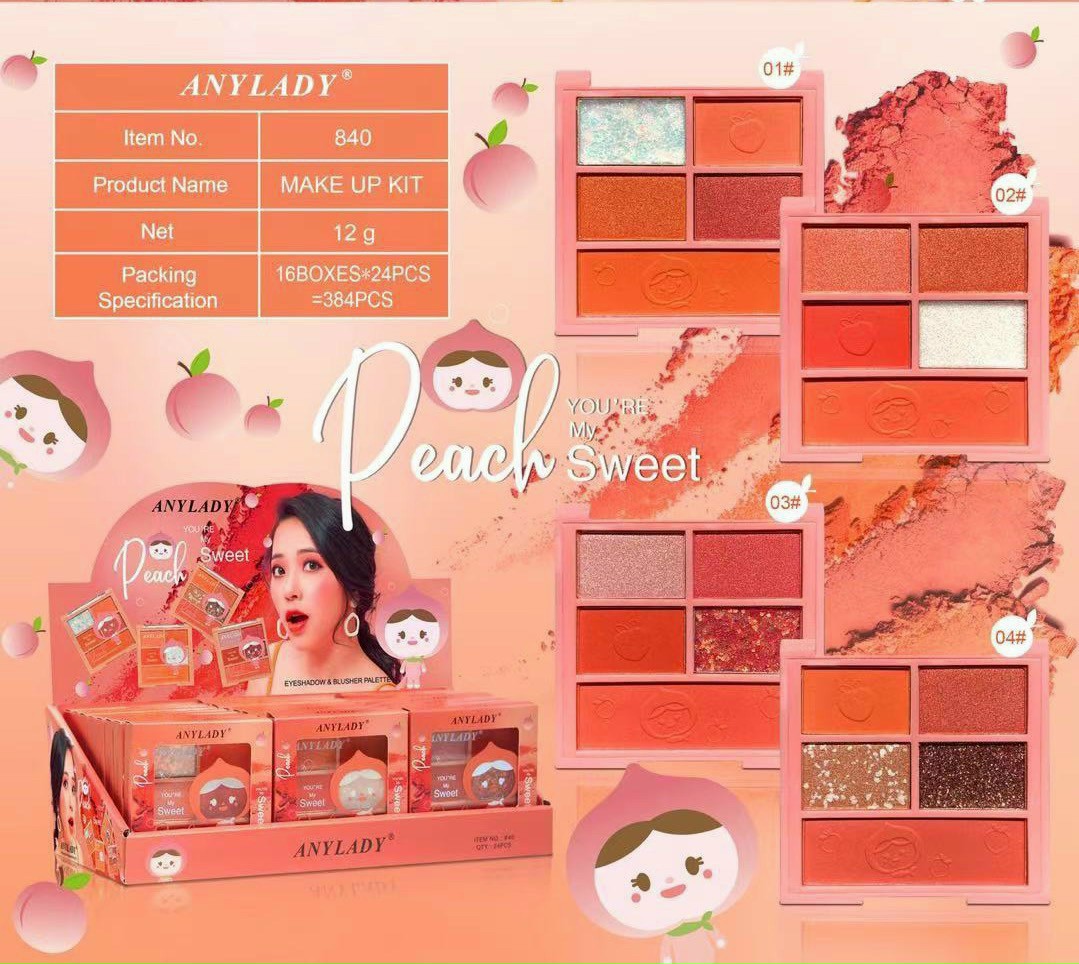 Bảng phấn mắt kèm phấn má 5 ô anylady peach sweet csmp01