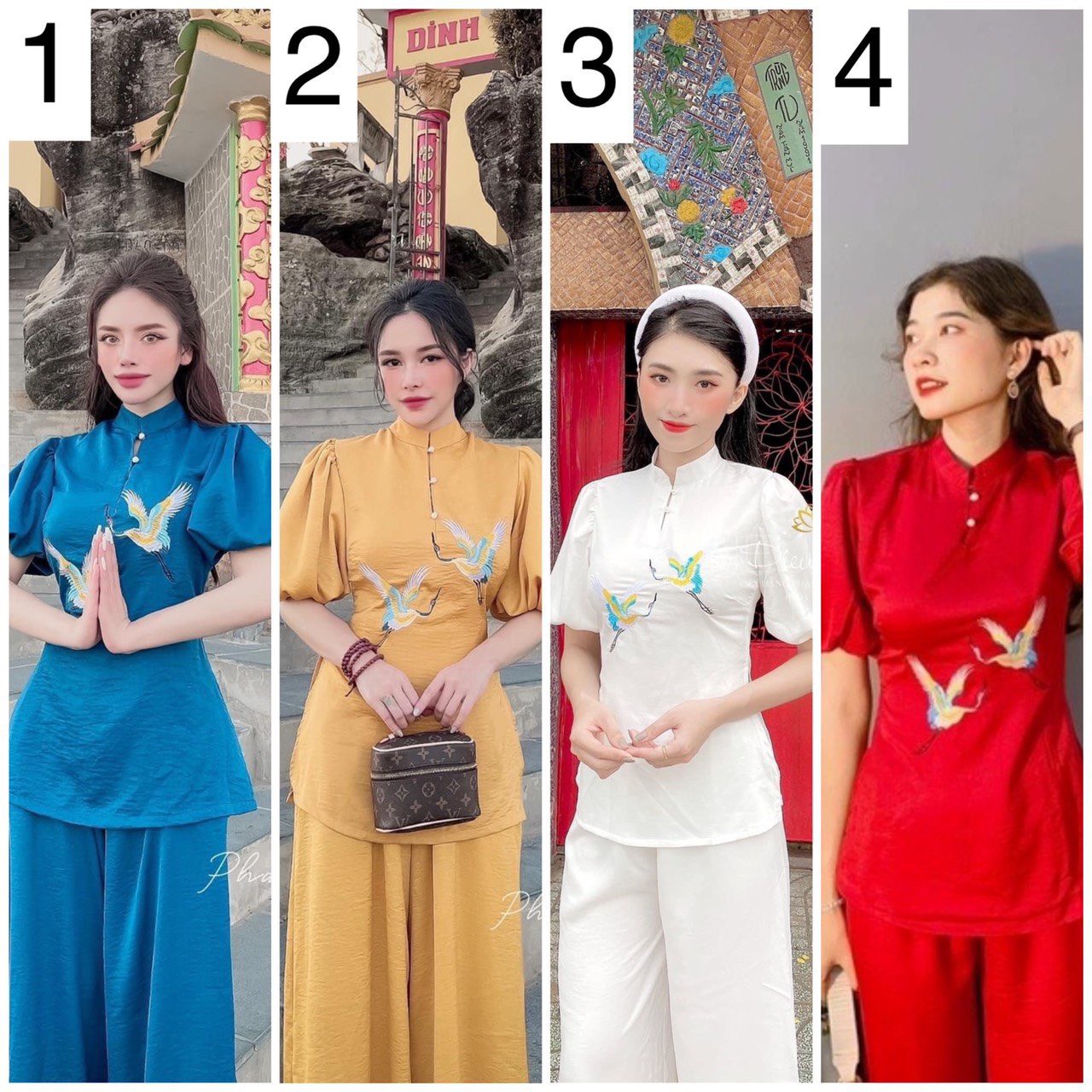 Đồ lam đi chùa đi lễ chất đũi mát mịn nguyên set con cò d05