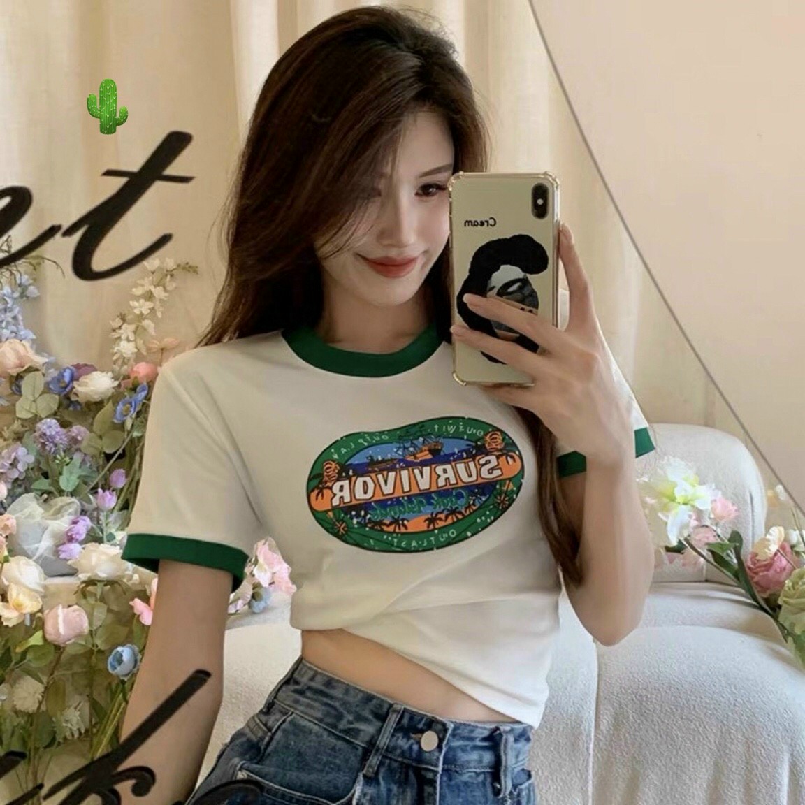 Áo croptop phối hoại tiết in hình lớn chất borip siêu đẹp