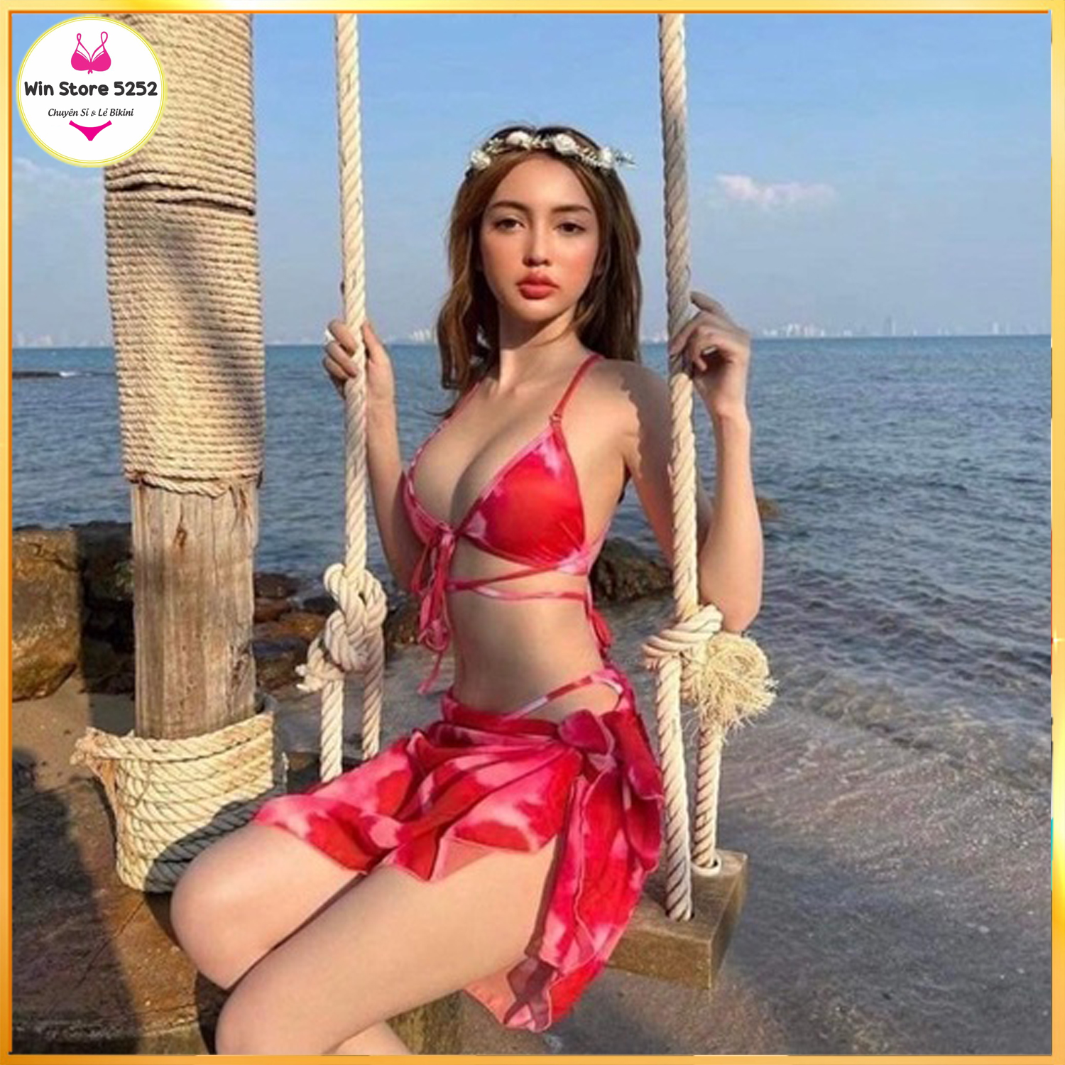 Bikini đồ bơi đi biển set 3 món loang đỏ kèm khăn quấn BM-009